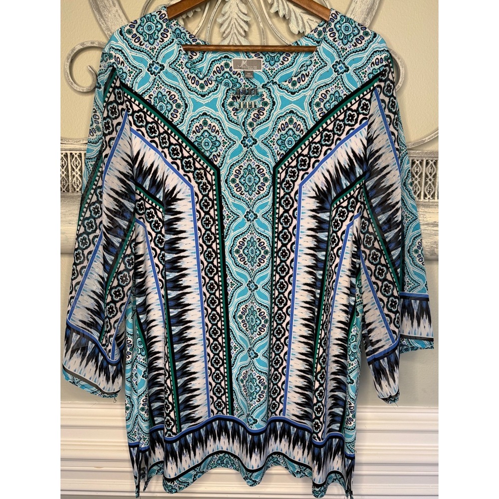 JM Collection Woman 3X Teal Paisley Rhinestone Tunic Top 3/4 Bell Sleeve EUC